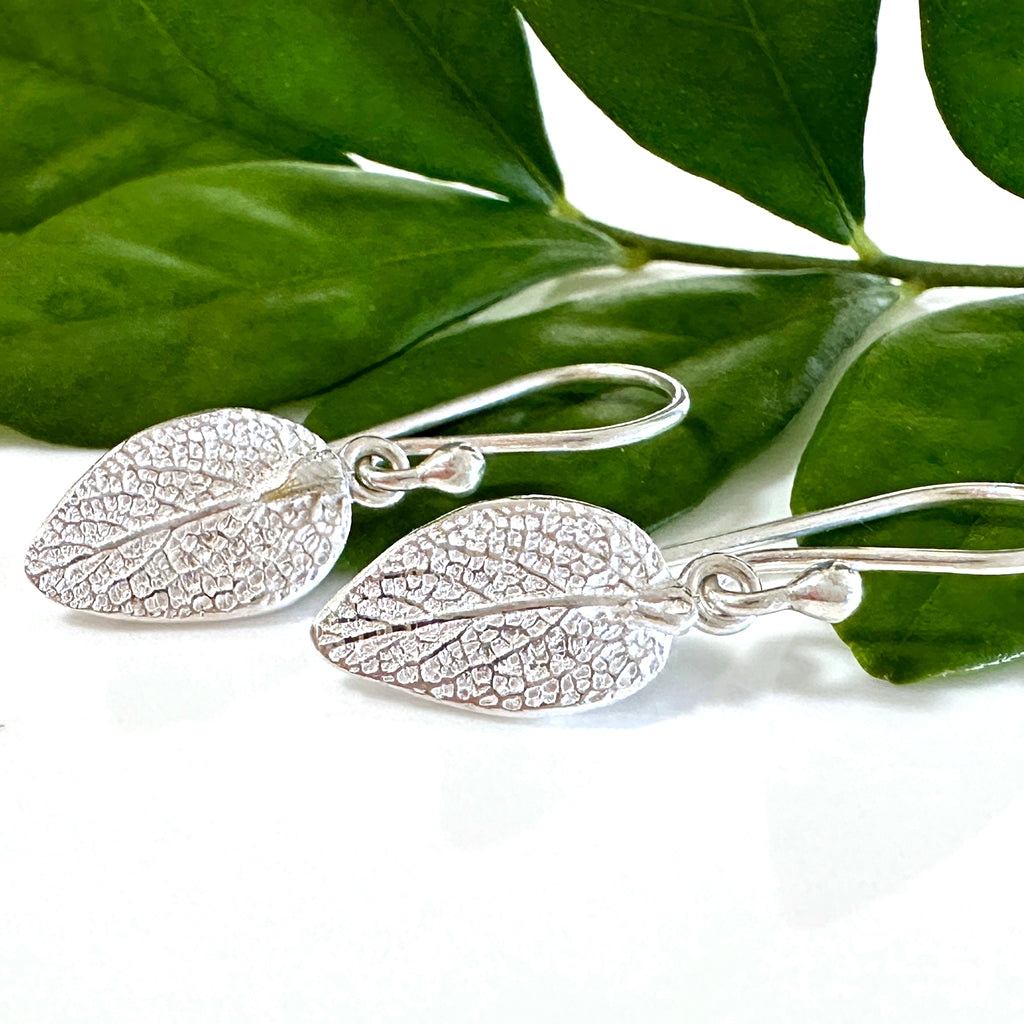 Handcrafted fine silver Sage Leaf Earrings showing authentic leaf veining and natural texture, molded from real garden sage leaves. Displayed against neutral background with green leaves by Coastalstyle Australia