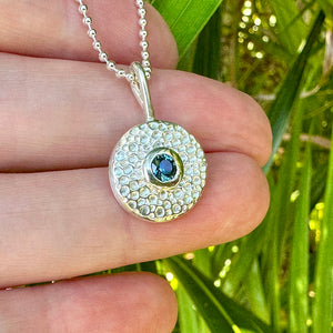 Fine silver pendant with Australian parti sapphire inspired by the ocean, made by Coastalstyle Australia with ethically sourced materials
