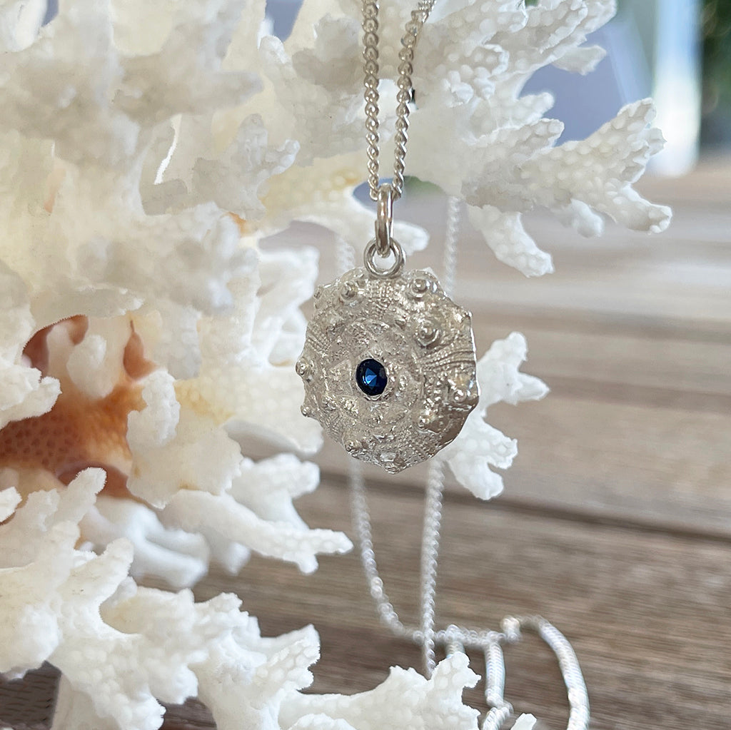 Oceans Embrace - Silver Sea Urchin and Sapphire Necklace