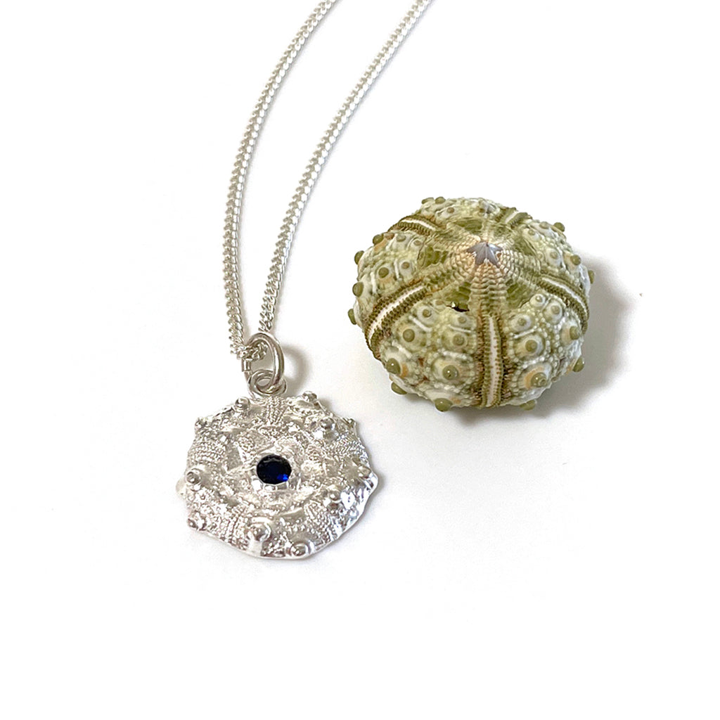 Oceans Embrace - Silver Sea Urchin and Sapphire Necklace