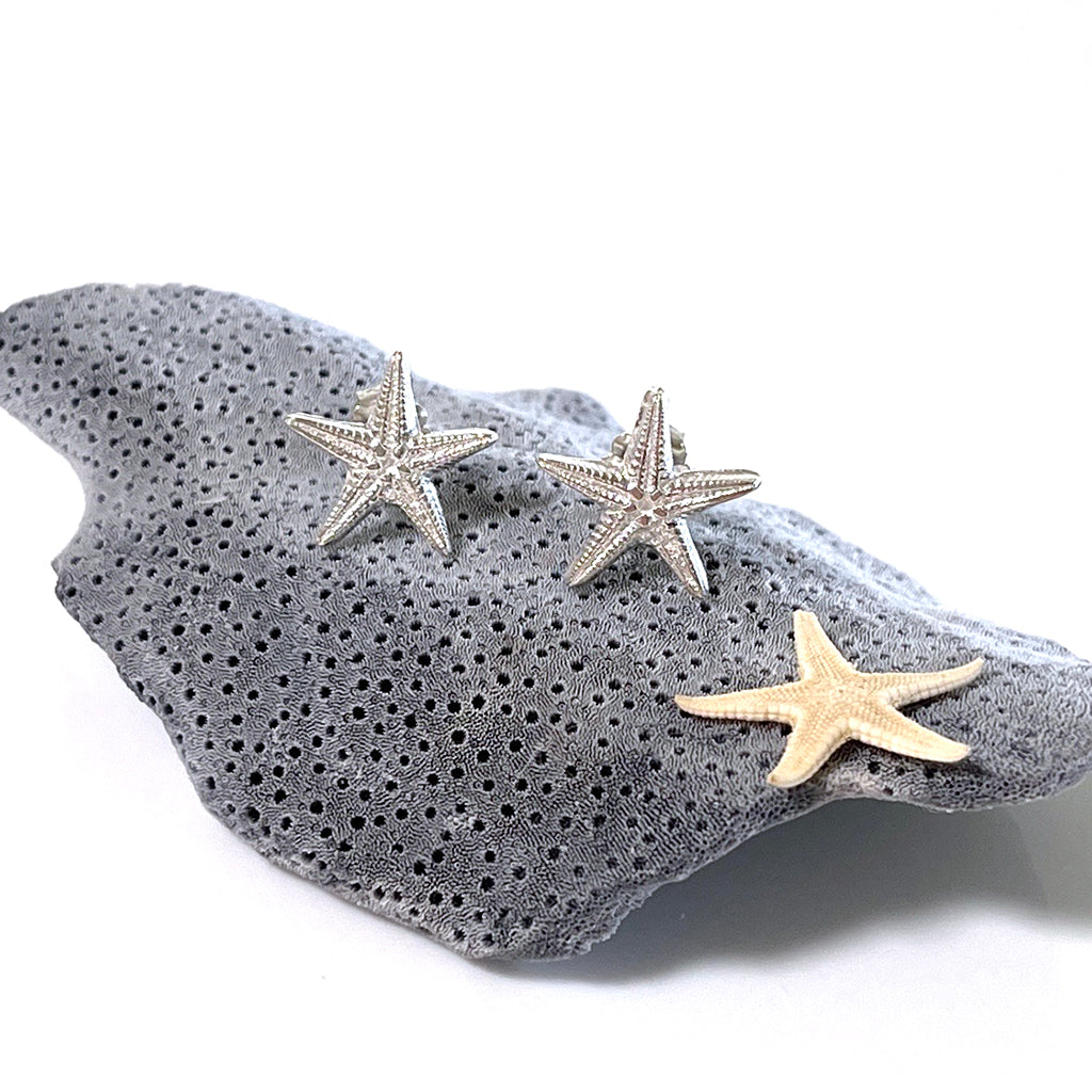 Close-up of Baby Sea Star Stud Earrings with intricate starfish details, reflecting coastal elegance displayed on a piece of blue coral.