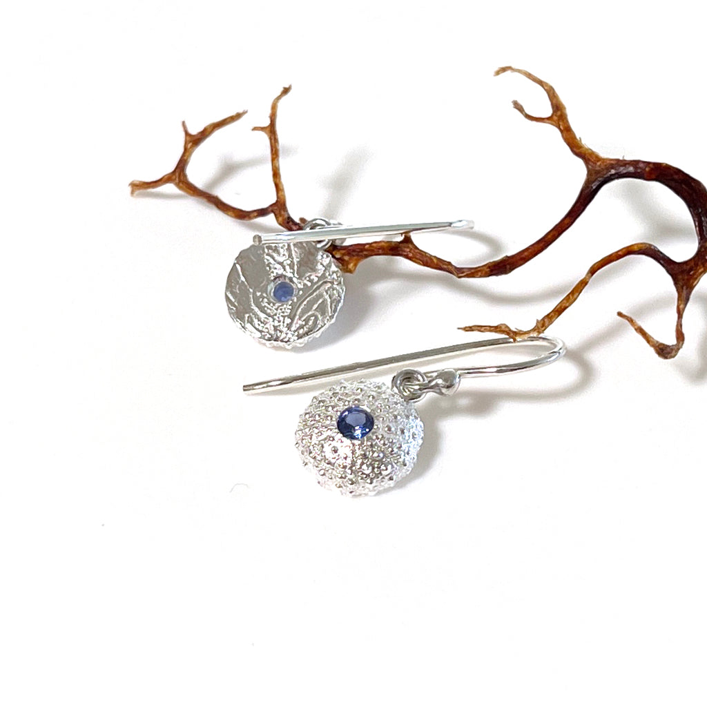 Handcrafted pure silver Baby Sea Urchin Earrings featuring intricate natural texture molded from real tiny urchin shells. Lightweight ocean-inspired jewelry by Coastalstyle Australia shown against neutral background