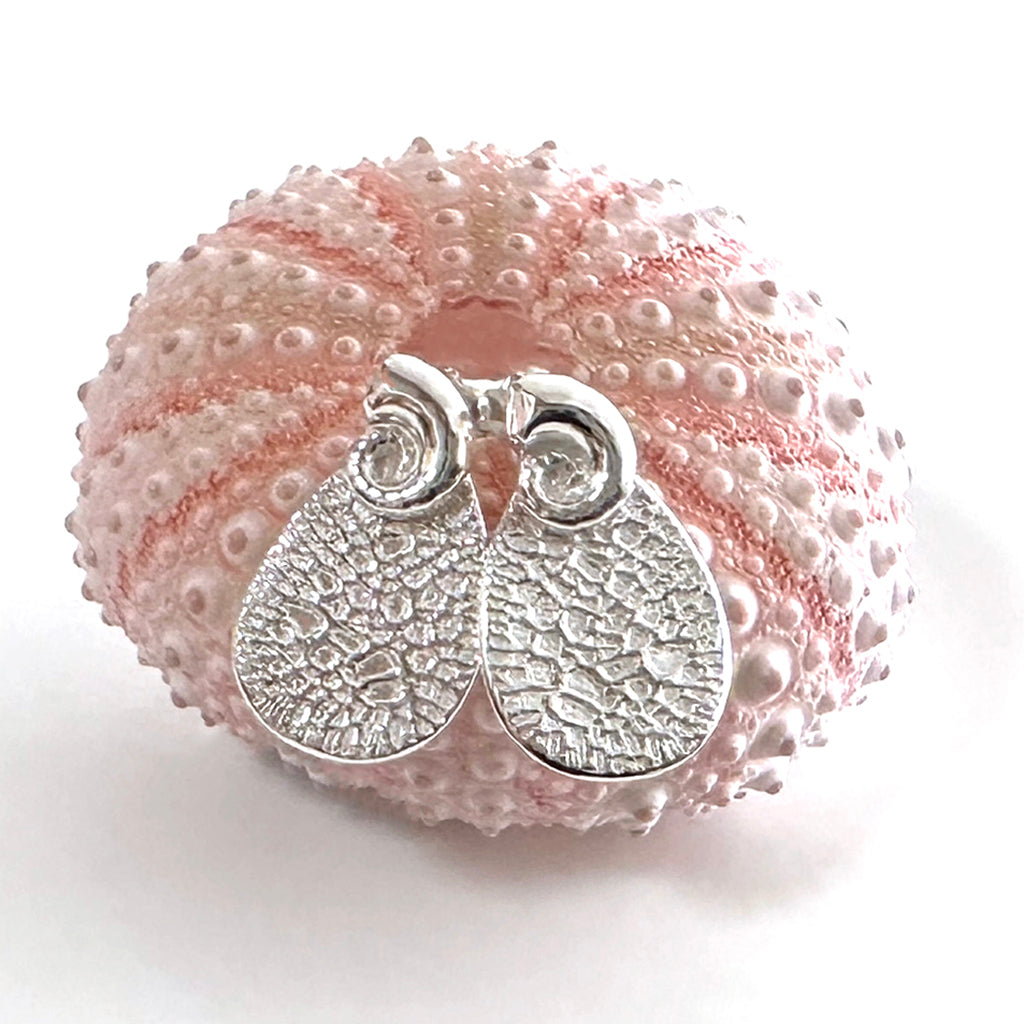 Handcrafted Reef Reflections stud earrings  inspired by Australian coral formations and marine ecosystems. Ethical ocean-inspired designs by Coastalstyle Australia displayed against a soft pink sea urchin shell.