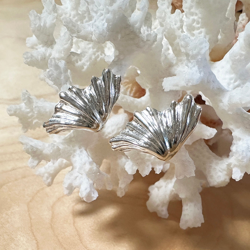 Handmade pure silver Clam Shell Earrings displayed on a piece of natural coral. Coastalstyle Australia
