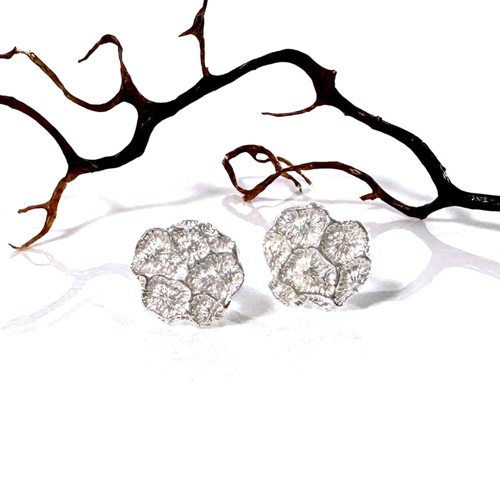 A pair of silver stud earrings with an organic, freeform shape, displayed alongside a dried coral piece.