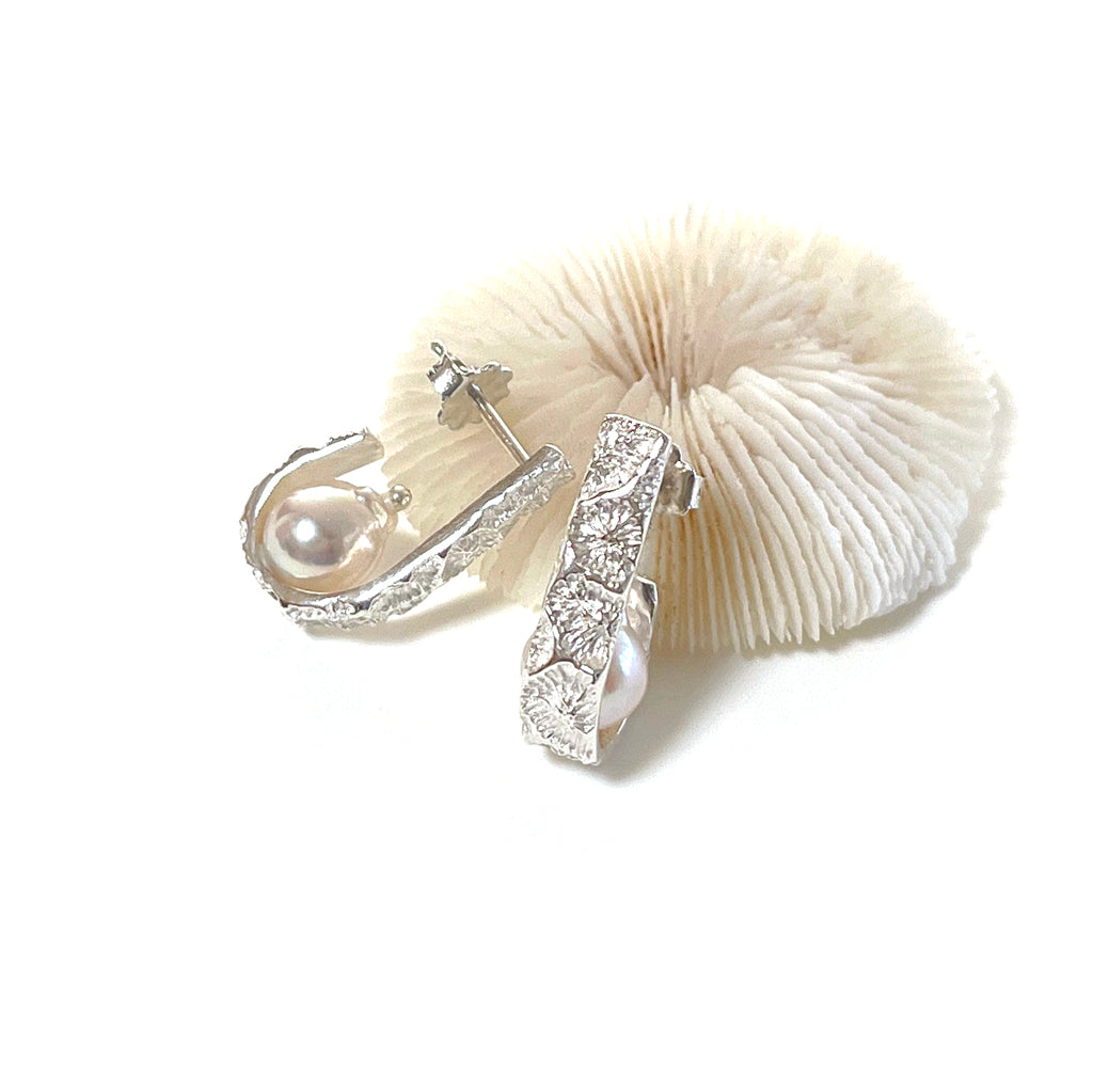 Organic Coral hoops with Akoya Pearls