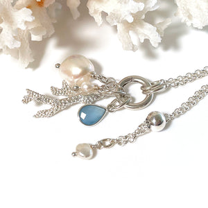 Fine silver Coral with pearls and chalcedony stone on an interchangeable necklace