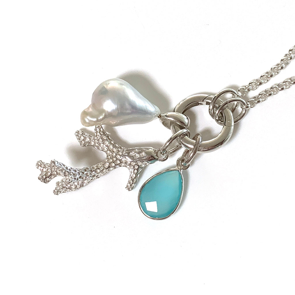 Ocean Coral Pendant with pearl and chalcedony charms on chain